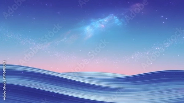 Fototapeta Abstract blue ocean waves under a starry twilight sky