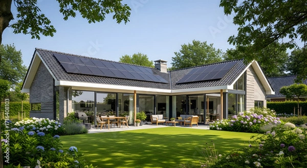 Fototapeta Modern l shaped house with solar panels on the roof and a lush garden with hydrangeas