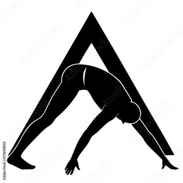 Fototapeta Black silhouette of person in downward dog yoga pose within abstract triangle