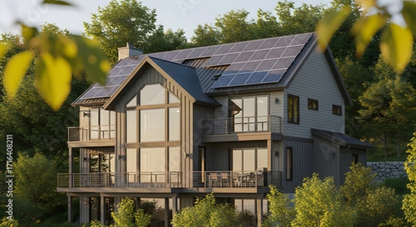 Fototapeta Modern sustainable house with solar panels and large windows nestled in a lush forest setting