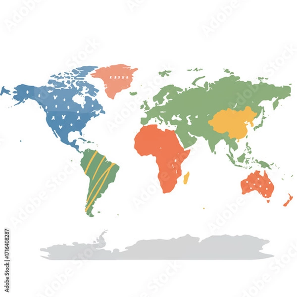Fototapeta An abstract world map, rendered as a clean 2D flat vector illustration, depicts stylized continents spread across a pristine white background, perfect for global concepts.