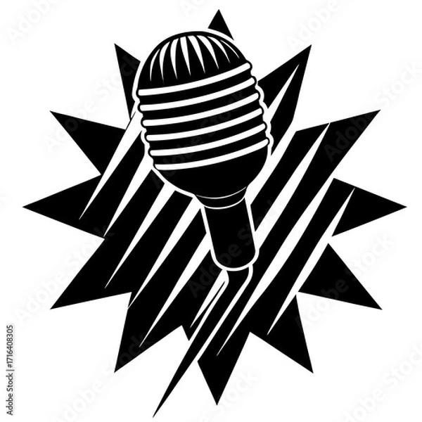 Fototapeta Black vintage microphone on abstract starburst retro