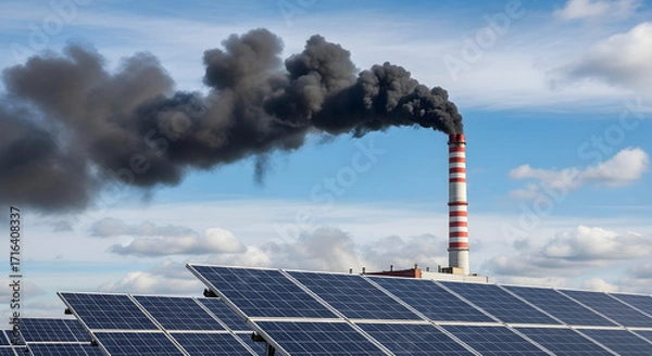 Fototapeta Solar panels in the foreground contrast with a smokestack emitting dark pollution against a blue sky
