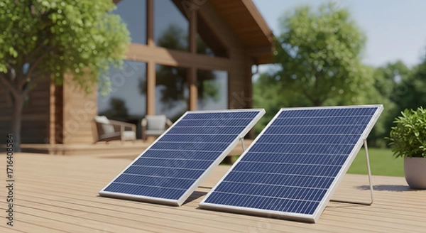 Fototapeta Two portable solar panels set up on a wooden deck in front of a modern wooden house