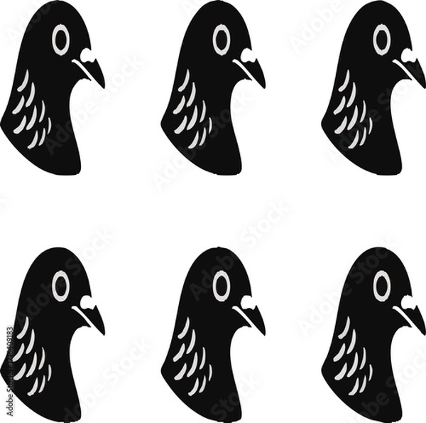 Fototapeta Pigeon kabootar head face set collection pack bundle black shape icon silhouette vector flat illustration design on white background.