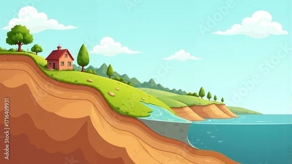 Fototapeta Charming hillside cottage overlooking a serene lake surrounded by lush greenery and rolling mountains in a bright midday sky