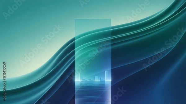 Fototapeta Abstract flowing waves of teal and deep blue with a vertical translucent panel