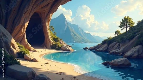 Fototapeta Serenity found at hidden caves beside a tranquil turquoise lagoon surrounded by lush mountains on a sunny day