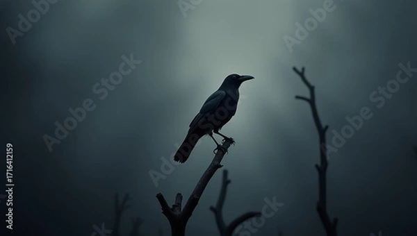 Fototapeta Mysterious crow perched on a barren branch under the haunting twilight sky in a secluded forest