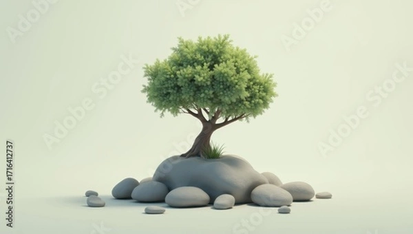 Fototapeta Solitary tree flourishing on a serene stone island in a minimalist landscape evoking tranquility and resilience