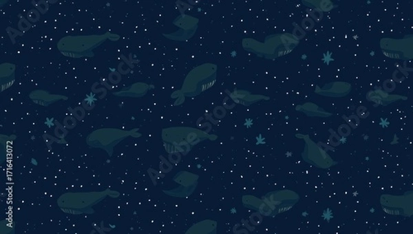 Fototapeta Whales gracefully swim through a cosmic ocean under a starlit night in this whimsical and imaginative pattern design
