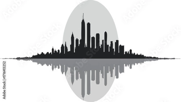 Fototapeta City skyline silhouette within a circle, audio wave below white background.