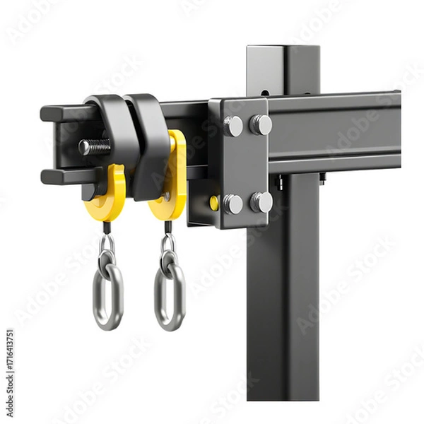 Fototapeta Metal Crane Hook Assembly with Yellow Grips and Chains lifting equipment isolated on a transparent background