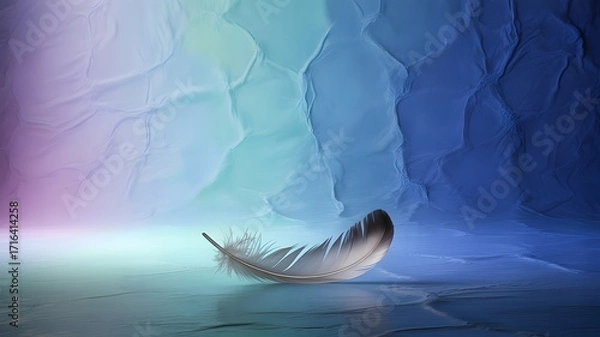 Fototapeta Delicate feather rests on a reflective surface with a gradient background