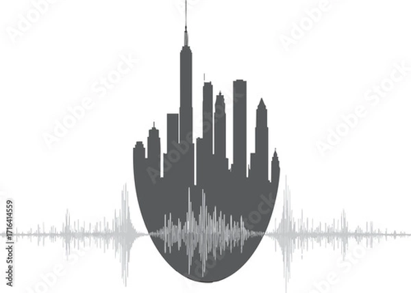 Fototapeta City skyline silhouette within a circle, audio wave below white background.