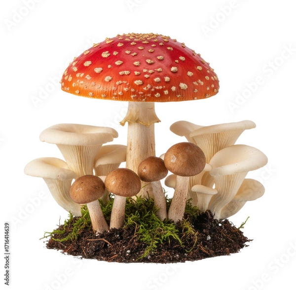 Fototapeta Red And White Mushrooms Growing On Patch Of Moss