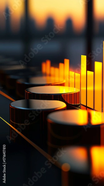 Fototapeta Glowing orange equalizer bars and glossy knobs on an audio console at sunset, with a soft bokeh skyline, evoking modern studio sound mixing and sleek technology.