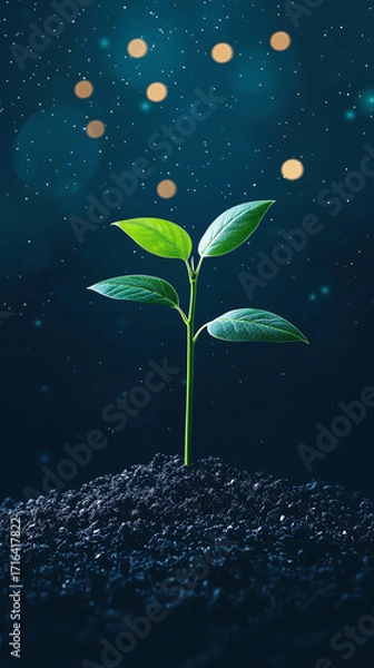 Fototapeta A fresh green seedling rises from rich soil against a dreamy bokeh background, symbolizing growth, renewal, and environmental hope