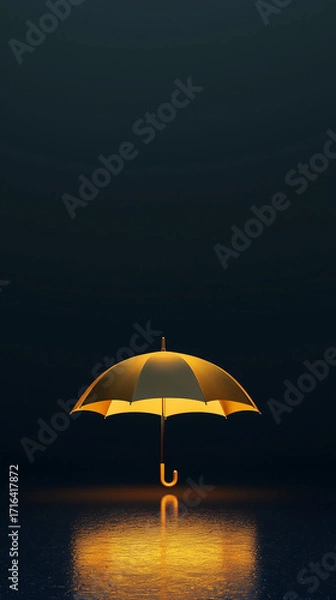 Fototapeta A golden umbrella stands open on a dark, wet, reflective surface, glowing under dramatic light in a minimalist scene.
