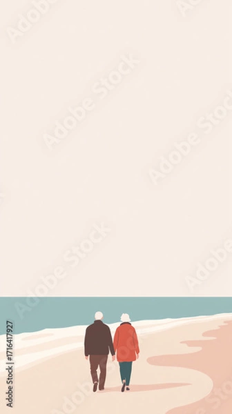 Fototapeta Minimalist illustration of an elderly couple holding hands as they walk along a quiet beach, pastel tones, calm sea and wide sky, evoking serenity, love, and companionship