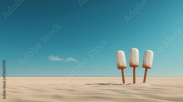 Obraz Three melting ice cream popsicles stand upright in the sand on a bright sunny day with a clear blue sky