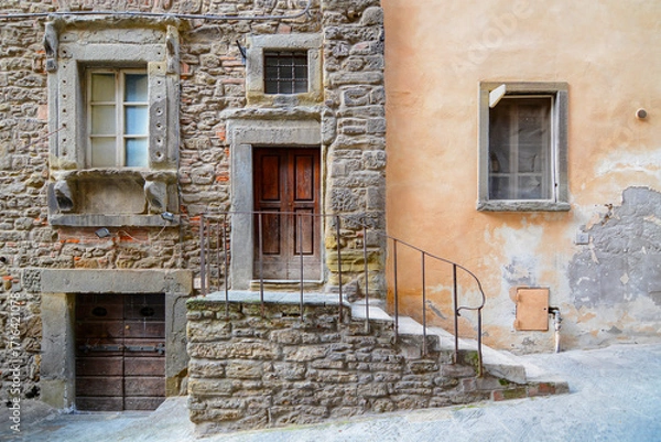 Obraz Rustic Stone Facade with Stairs and Windows in Tuscany, Italy