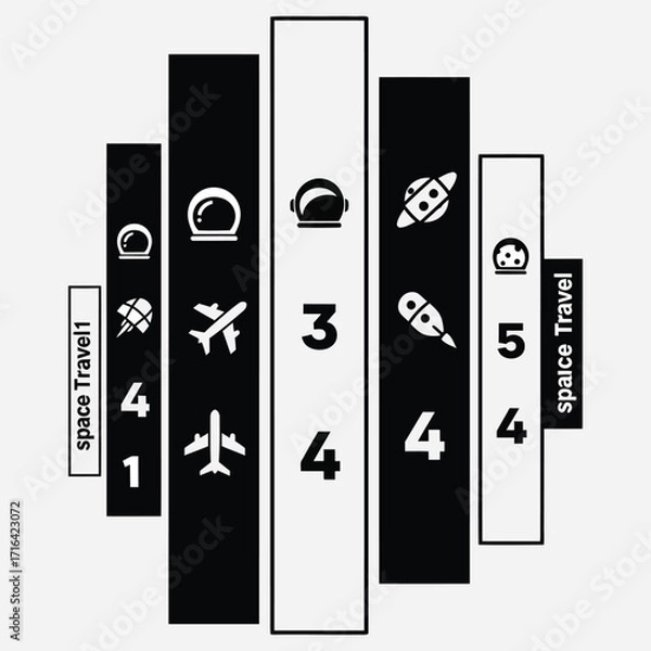 Fototapeta Modern Monochromatic Infographic Illustrating Space Exploration and Air Travel with Sequential Numbering