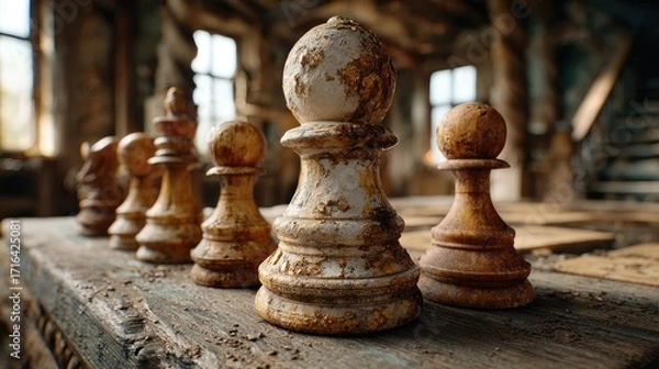 Obraz Vintage wooden chess pieces on weathered table