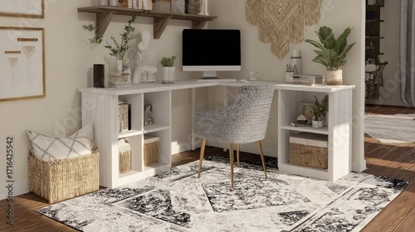 Fototapeta Home office with a white desk featuring open shelves and plants on top