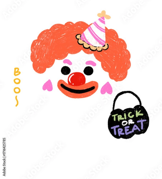Fototapeta Crayon style drawing of a cute ghost dressed as a clown.