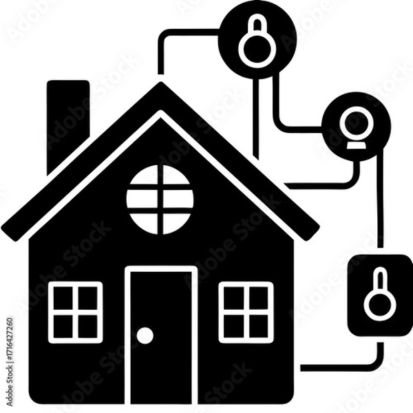 Fototapeta Black house icon with connected security devices home