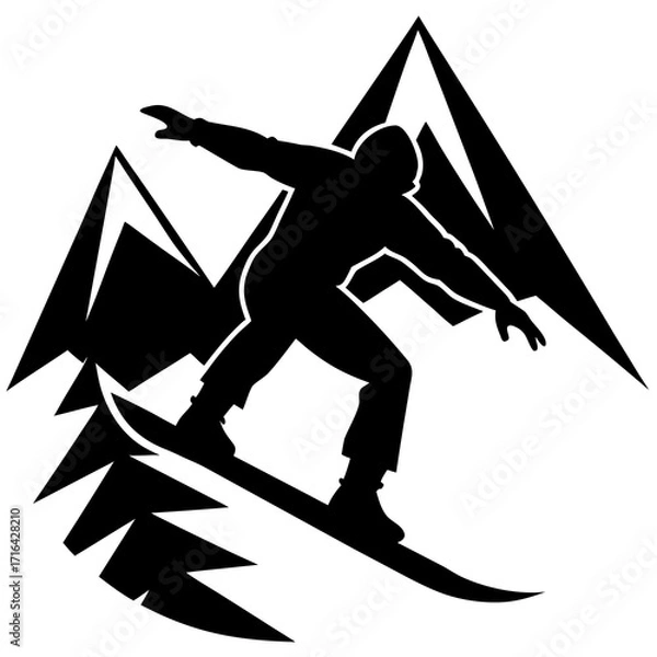 Fototapeta Black silhouette of snowboarder on mountain slope snowboarding