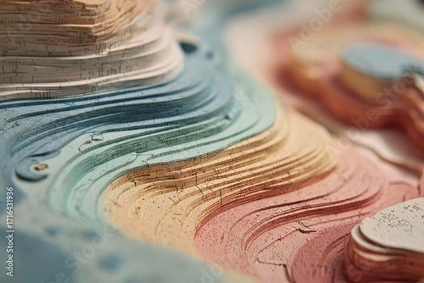 Fototapeta Detailed close-up of a layered, paper relief sculpture, exhibiting a spectrum of pastel colors and undulating terrain.