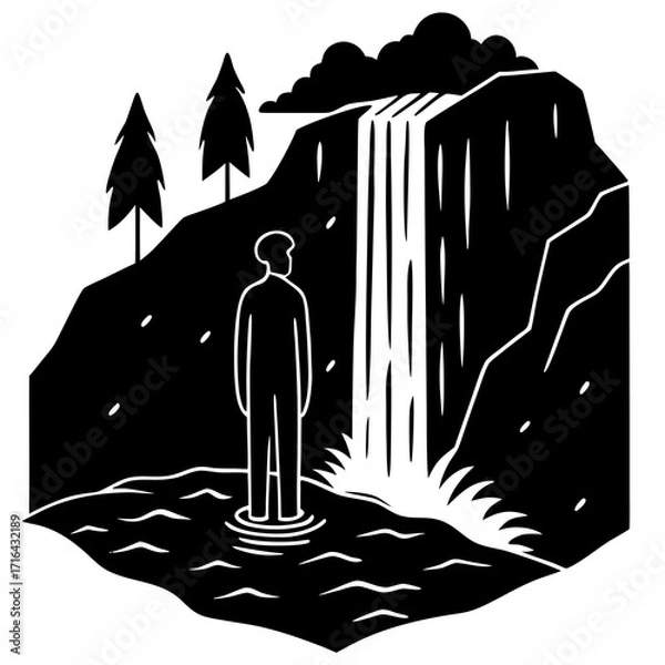 Fototapeta Person standing in water at base of waterfall with trees and clouds