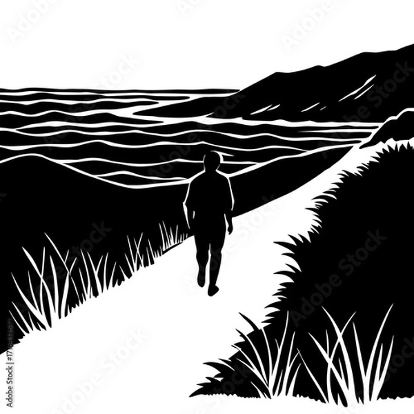 Fototapeta Silhouette of person walking on path by wavy water and hills