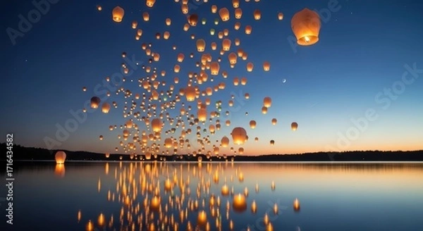 Fototapeta Countless Sky Lanterns Floating Over Calm Water at Twilight.
