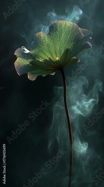 Obraz Backlit Translucent Lotus Leaf with Intricate Veins and Ethereal Mist, Green Tones Zen Nature Background for Decorative Design