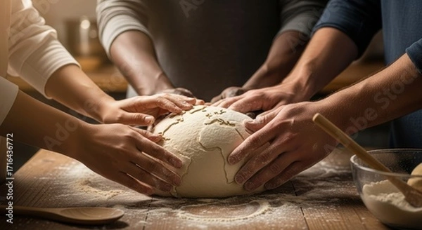 Fototapeta Multiple hands kneading dough together on a wooden table for homemade bread.