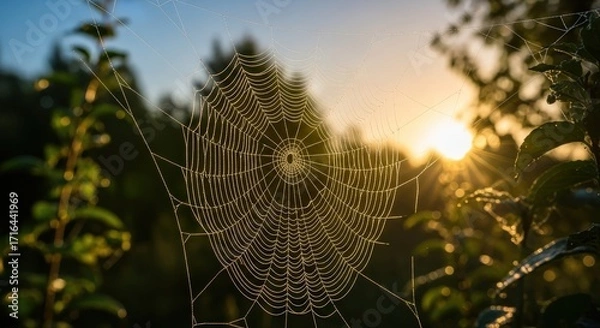 Fototapeta Delicate spider web covered in morning dew at sunrise.