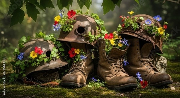 Fototapeta Military Helmets and Boots Overgrown with Colorful Wildflowers.