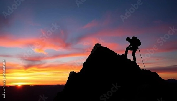Obraz Silhouette of climber ascending rugged peak at sunset,  summit,  extreme