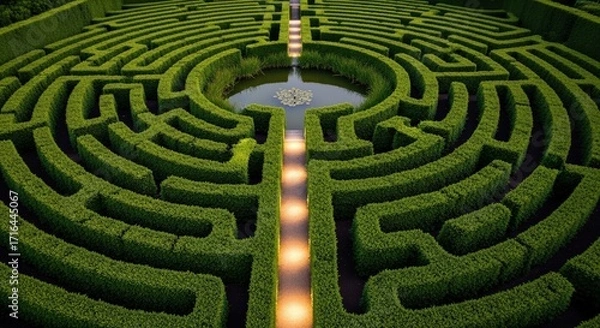 Fototapeta Aerial view of a green hedge maze with a central fountain and illuminated path.