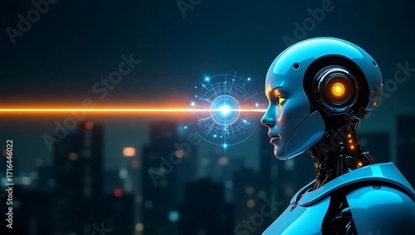 Fototapeta A futuristic robot gazes over a glowing cityscape, embodying technology and innovation