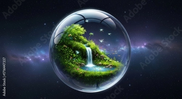 Fototapeta Miniature Ecosystem in a Glass Sphere Floating in Space.