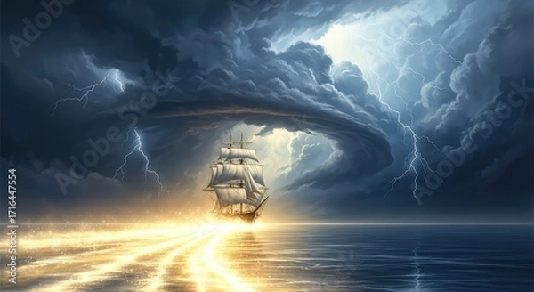 Fototapeta Sailing Ship Navigating a Dramatic Lightning Storm at Sea.