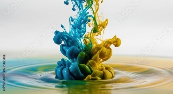 Fototapeta Vibrant Blue and Yellow Ink Mixing in Water Creating Abstract Fluid Art.