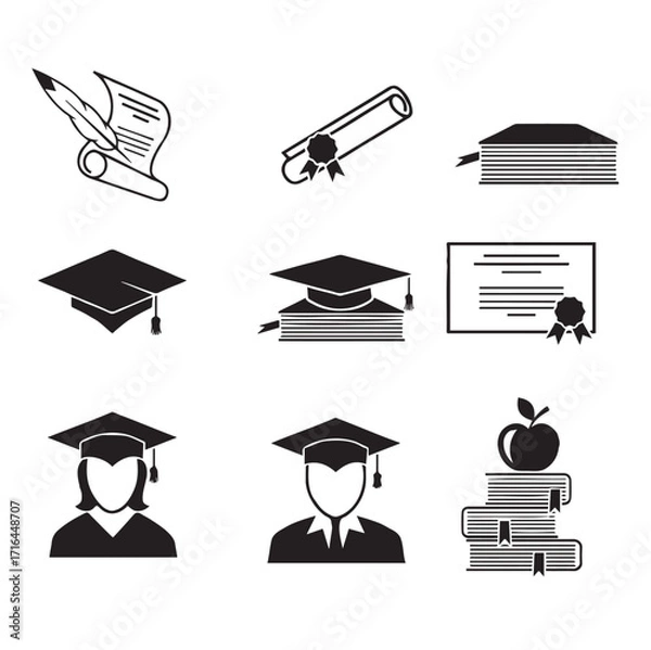 Fototapeta Graduation and education icons set. University and student, apple and person, undergraduate and diploma, book and certificate, vector illustration