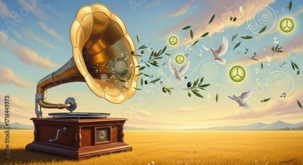 Fototapeta Gramophone Spreading Peace and Harmony in a Golden Landscape.