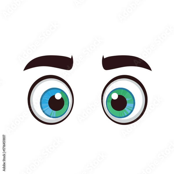 Fototapeta A vibrant flat 2D vector illustration portrays funny cartoon eyes with a wide-eyed scared look, isolated on a clean white background, conveying surprise and apprehension.