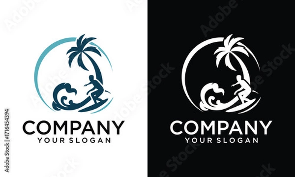 Fototapeta Creative logo, beach, design, summer, vector, sea, illustration, ocean, travel, icon, nature, sun, tropical, holiday, graphic, element, wave, vacation, palm, symbol, art, water, sunset, abstract, back